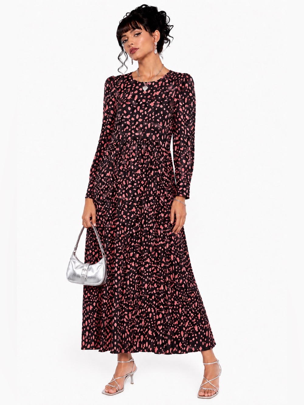 Zara‎ Pink & Black Abstract Spot Cow Print Long Sleeve Midi Dress NWOT Medium
